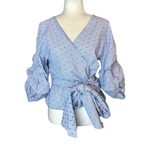 Zara blue puff sleeve wrap blouse